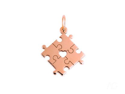 Rose gold puzzle piece pendant with heart cutout for Autism Awareness and Golden Puzzle