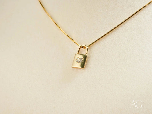 Gold padlock pendant on delicate chain necklace, Petite Lock in 18k gold design