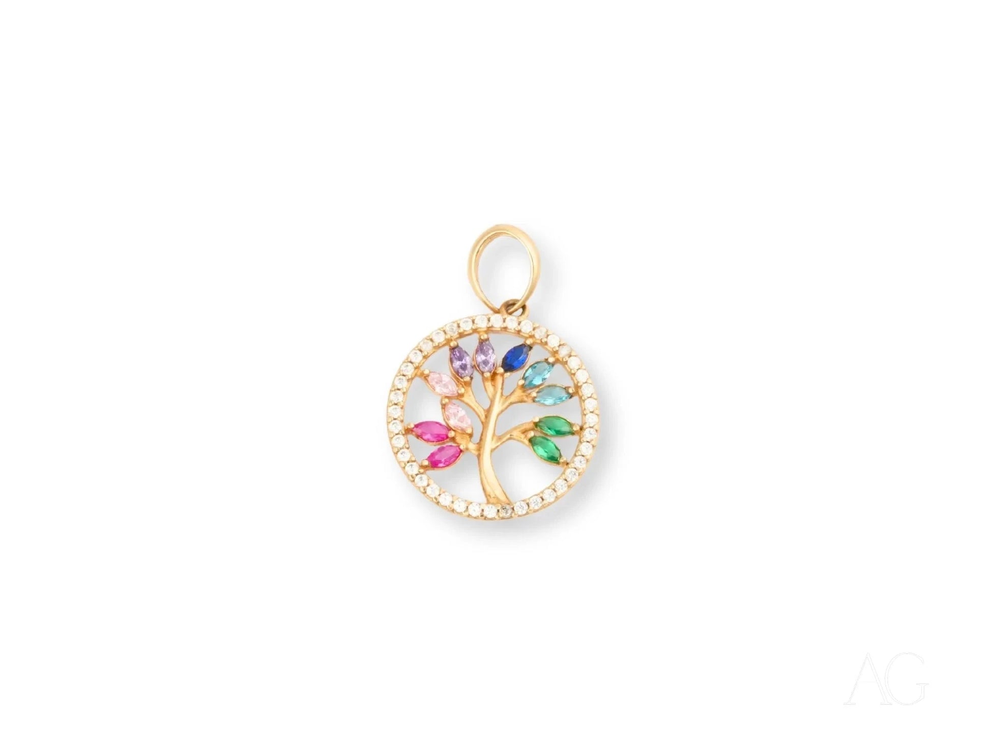 Gold Tree of Life pendant adorned with colorful cubic zirconia and pearl border
