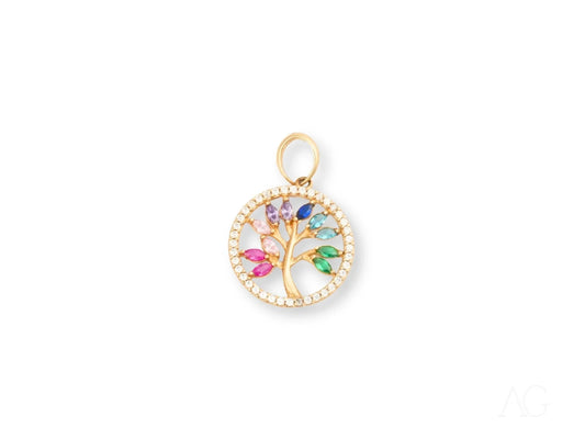 Gold Tree of Life pendant adorned with colorful cubic zirconia and pearl border