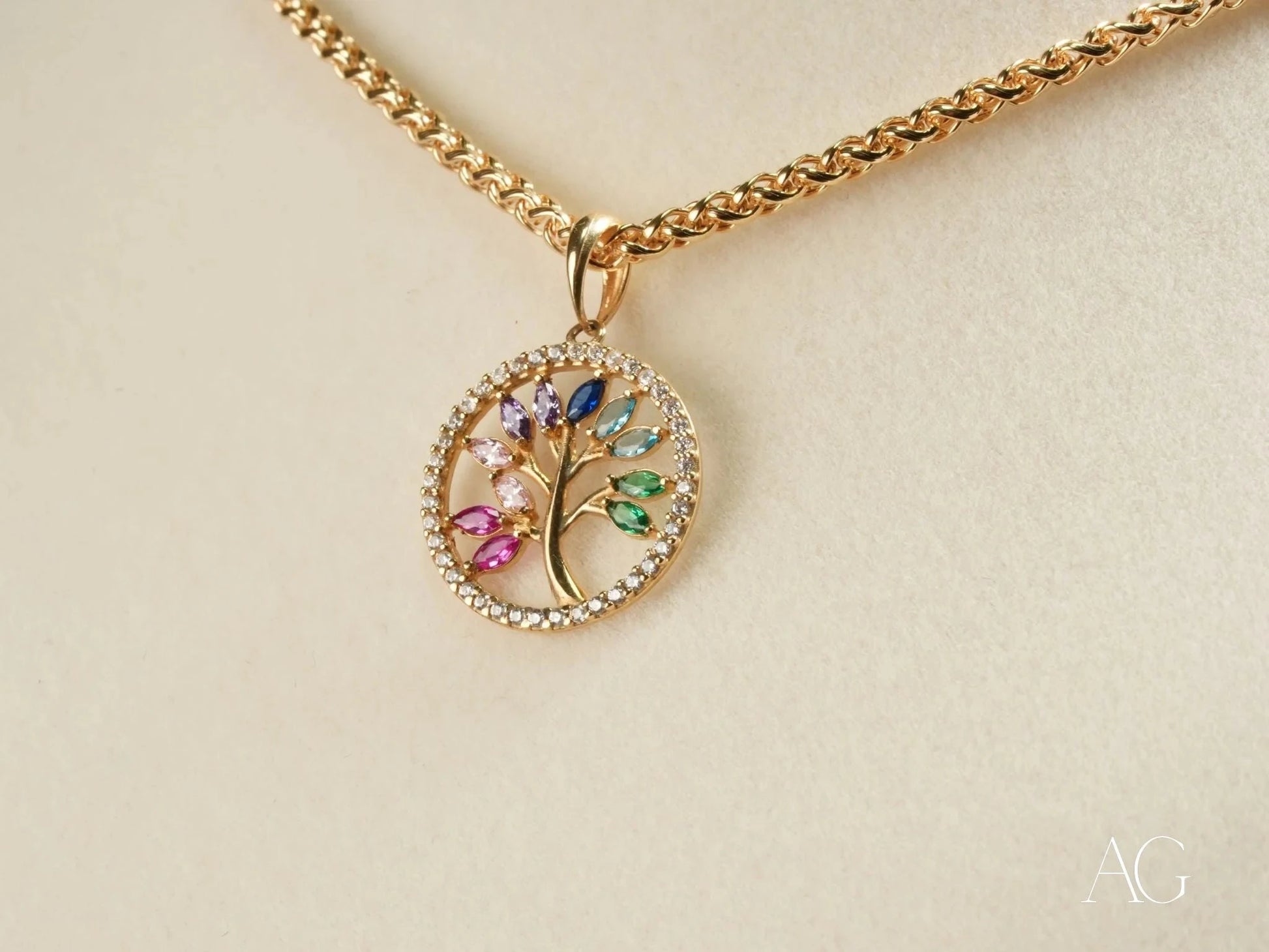 18k Gold pendant necklace featuring a Tree of Life with colorful cubic zirconia butterflies