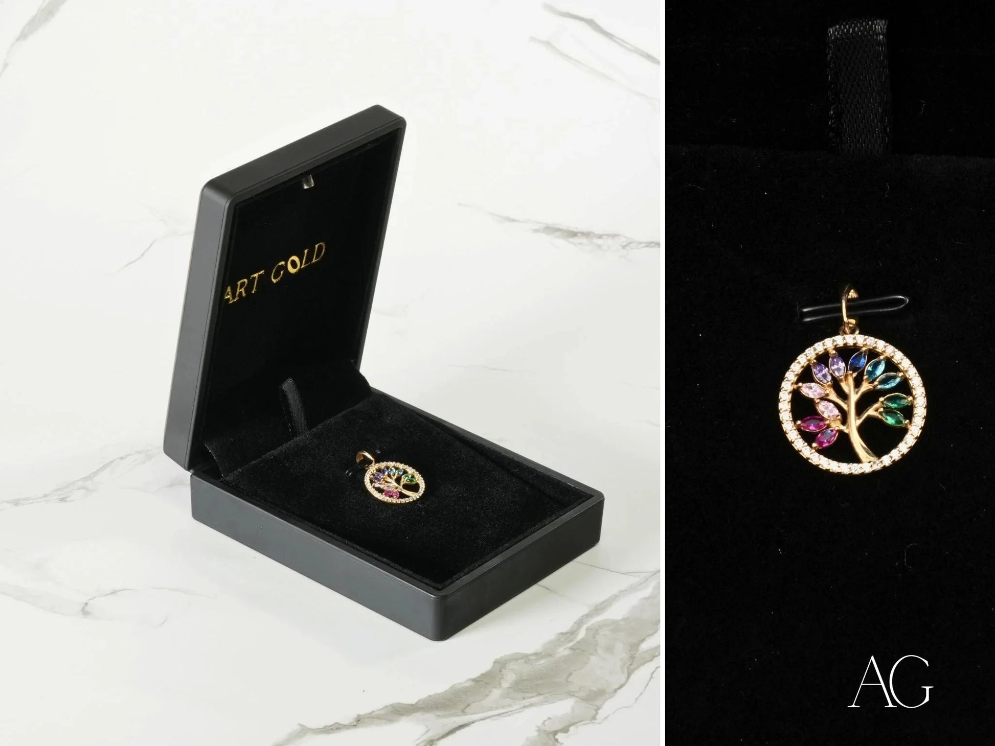 Colorful Tree of Life pendant in 18k gold with cubic zirconia gemstones for a radiant life