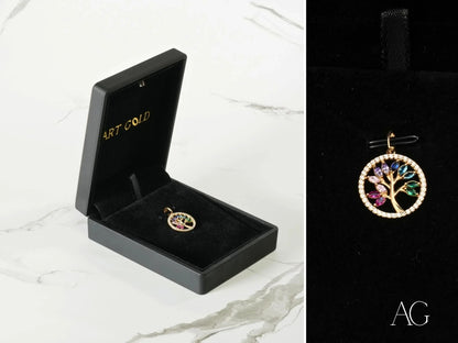 Colorful Tree of Life pendant in 18k gold with cubic zirconia gemstones for a radiant life