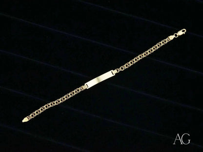 Gold chain bracelet with identification plate in Solid 18k Gold Double Link design