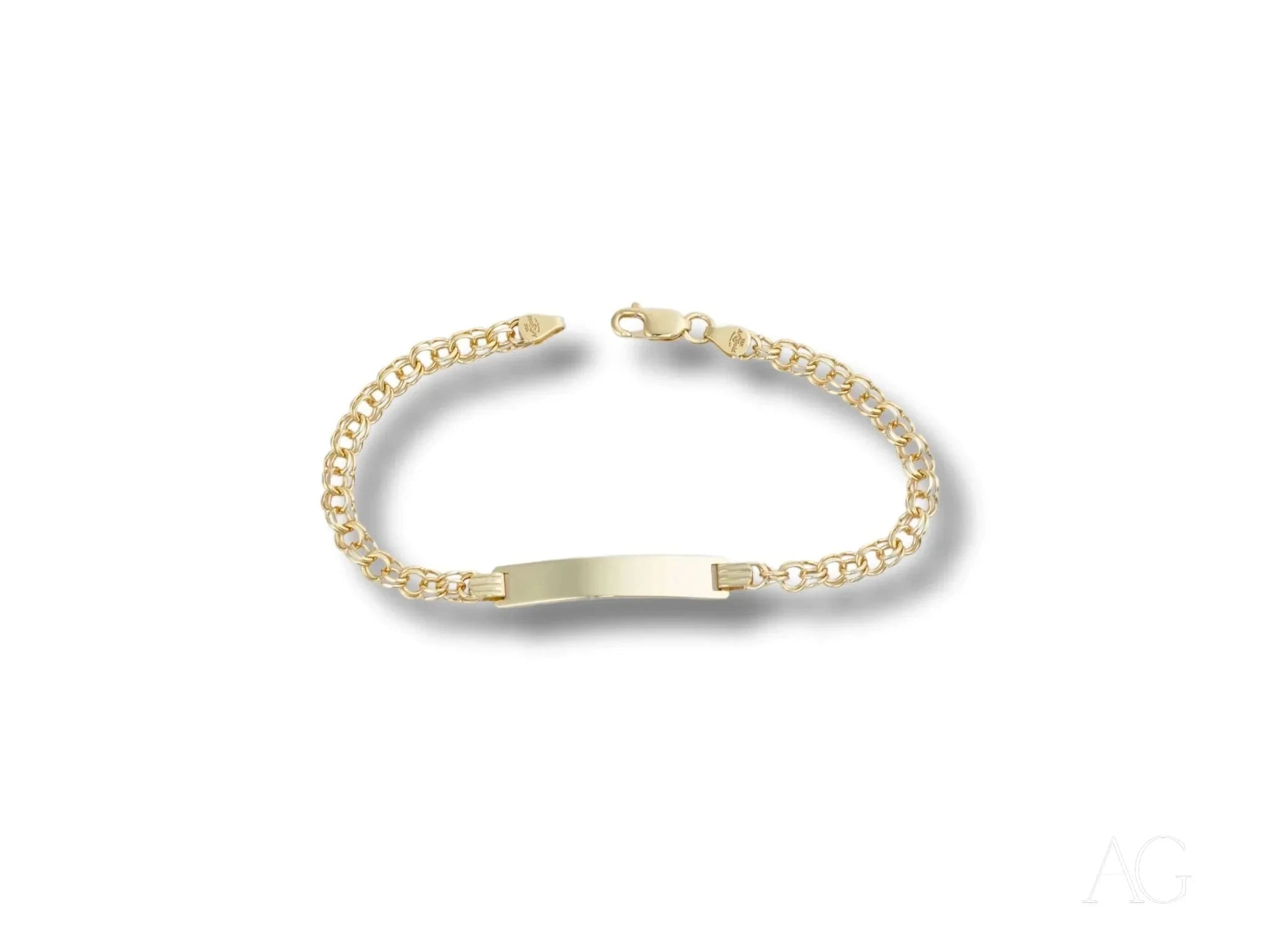 Gold-toned solid 18k gold double link identification bracelet with customizable nameplate