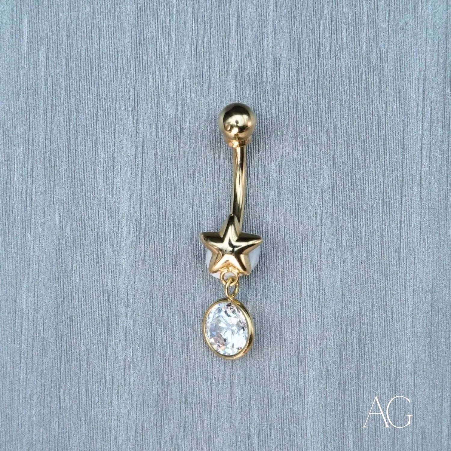 Art Gold 18k Gold Bellybutton Piercing with Star and Crystal Charm for Elegant Style