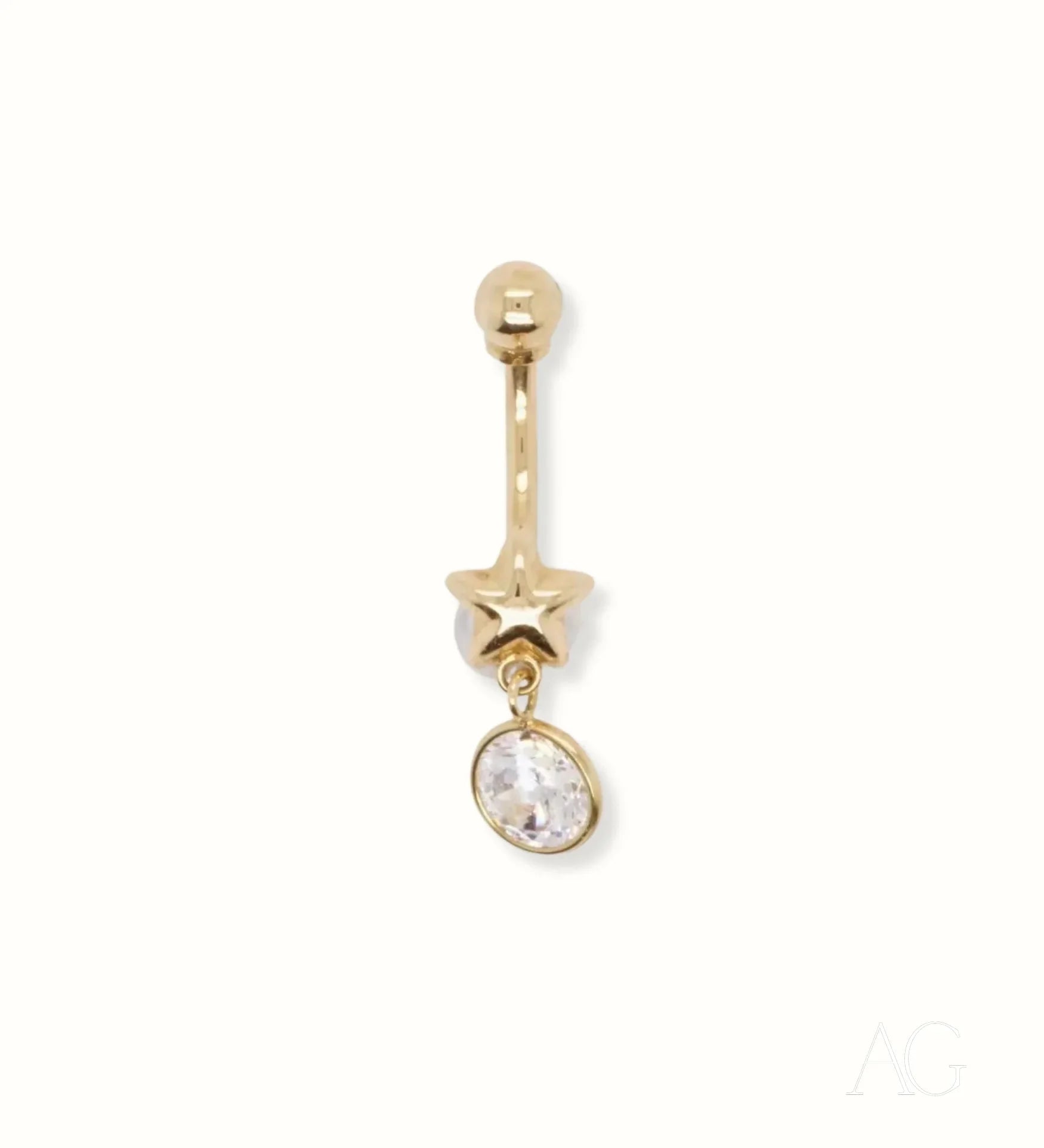 18k Gold bellybutton piercing with star charm and dangling clear gemstone