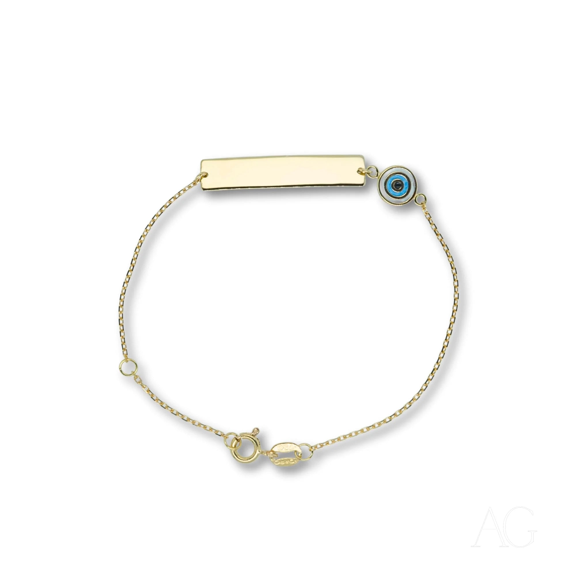 Solid gold kids id bracelet with evil eye motif