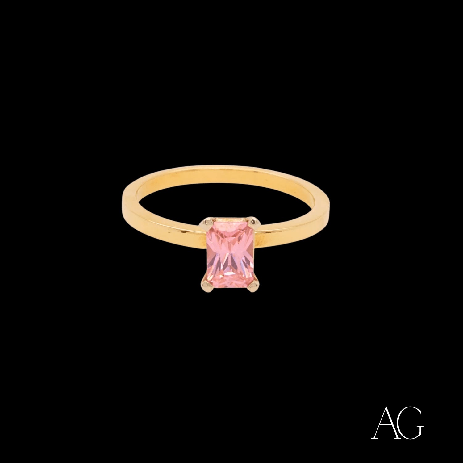 Pink rectangular 18k gold cz ring