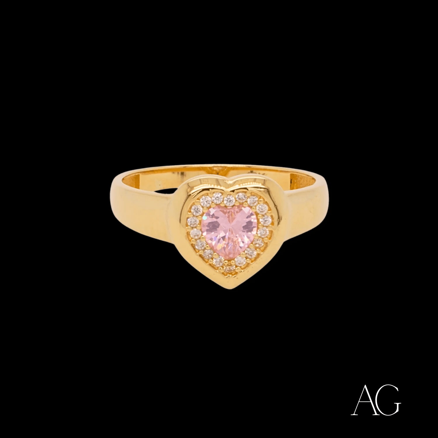 Romantic 18k gold heart ring with pink cz - white cz accents