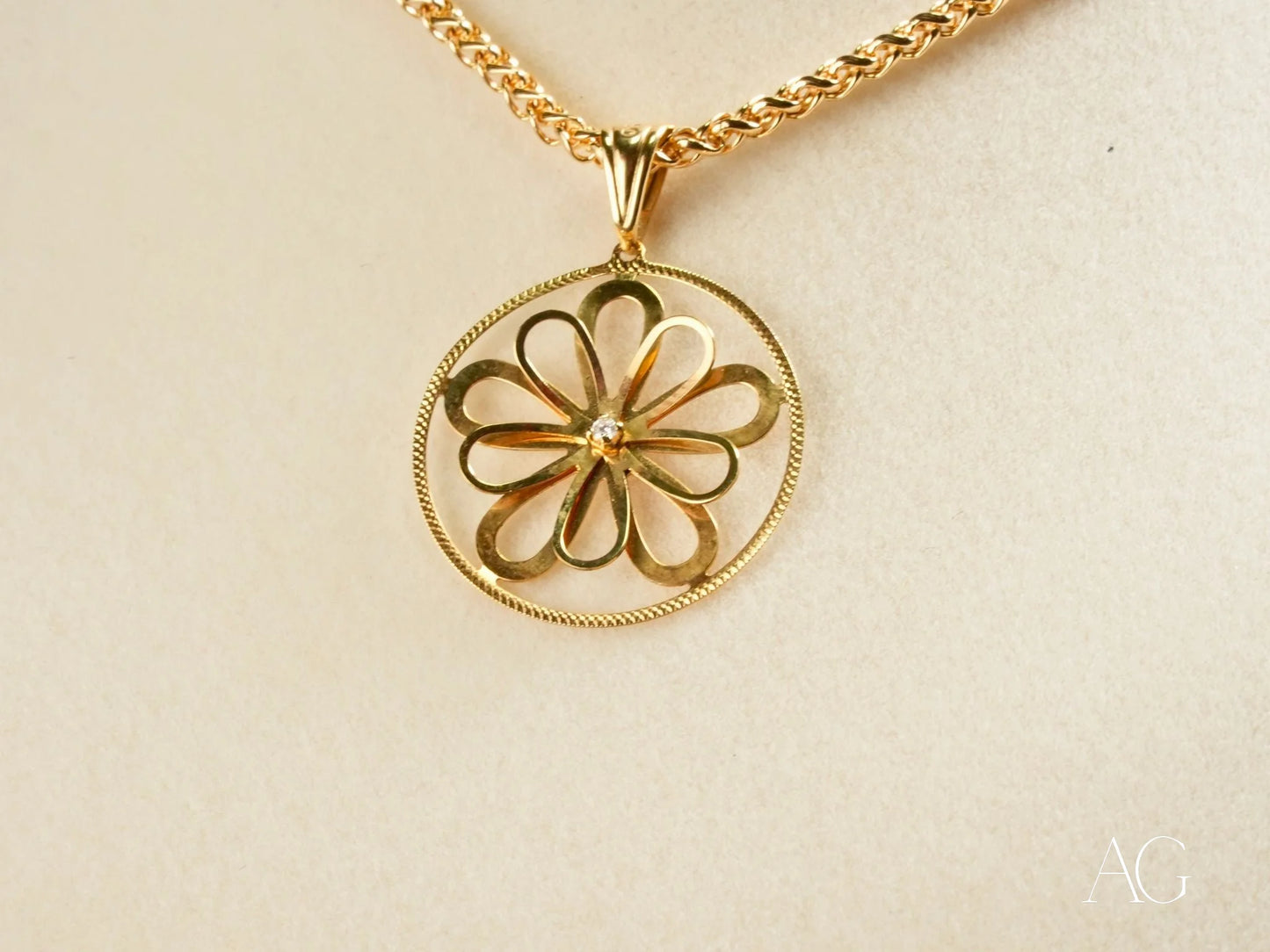 18k Gold Blooming Grace Flower Pendant on an elegant chain necklace