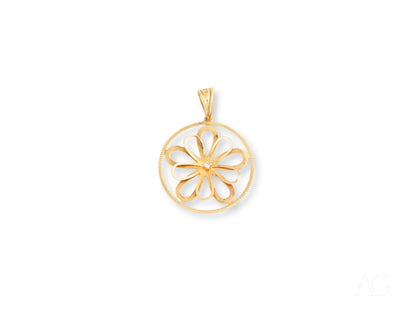 Gold Blooming Grace Flower Pendant with circular frame and cutout petals in 18k gold