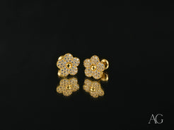 Gold CZ Flower Earrings in Solid 18K Gold, Blossom Sparkle design with embedded gems