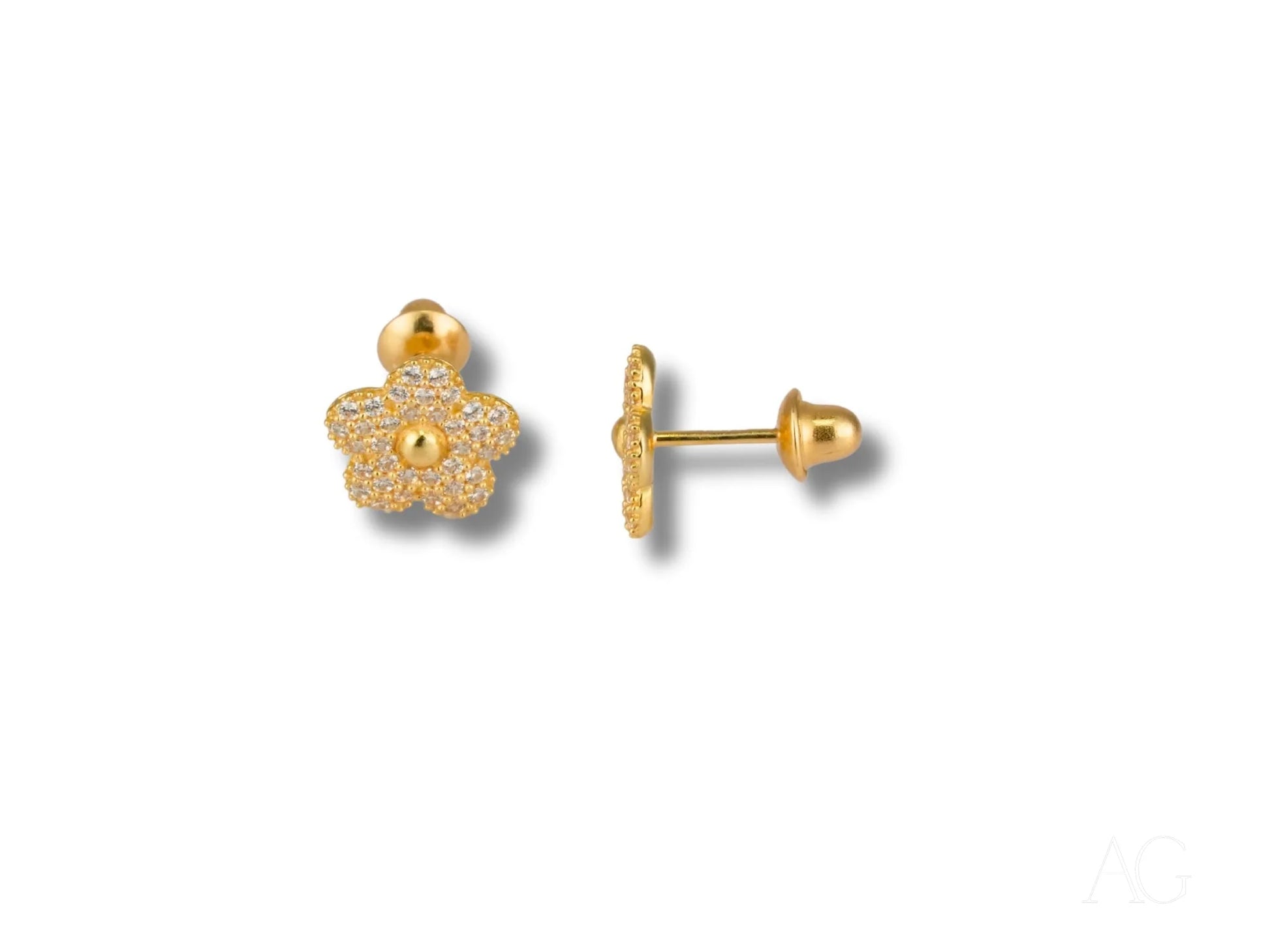 Gold CZ flower stud earrings from Blossom Sparkle crafted in solid 18K gold