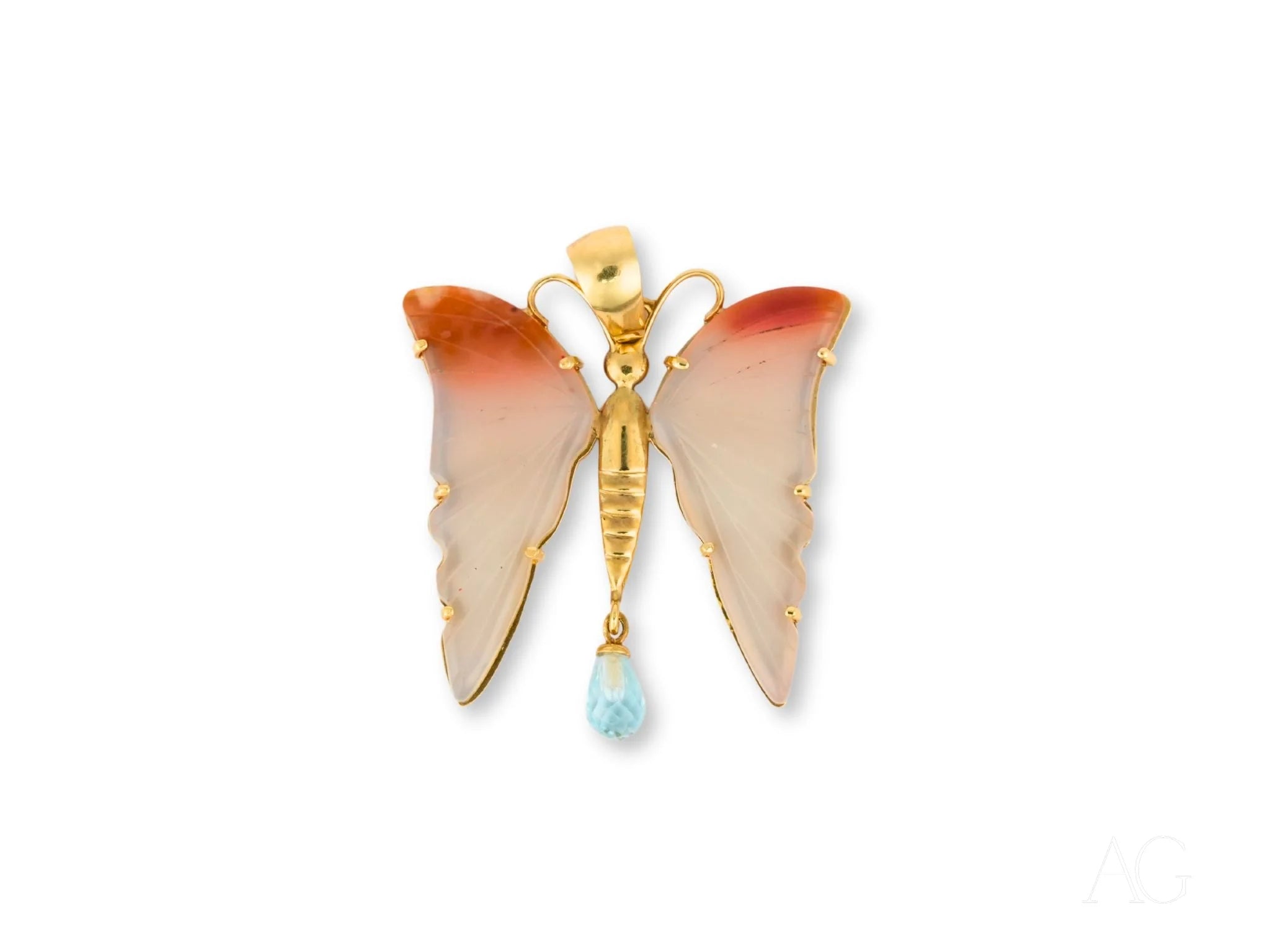 Decorative Butterfly Bliss brooch with orange wings and blue bead, set in 18k gold