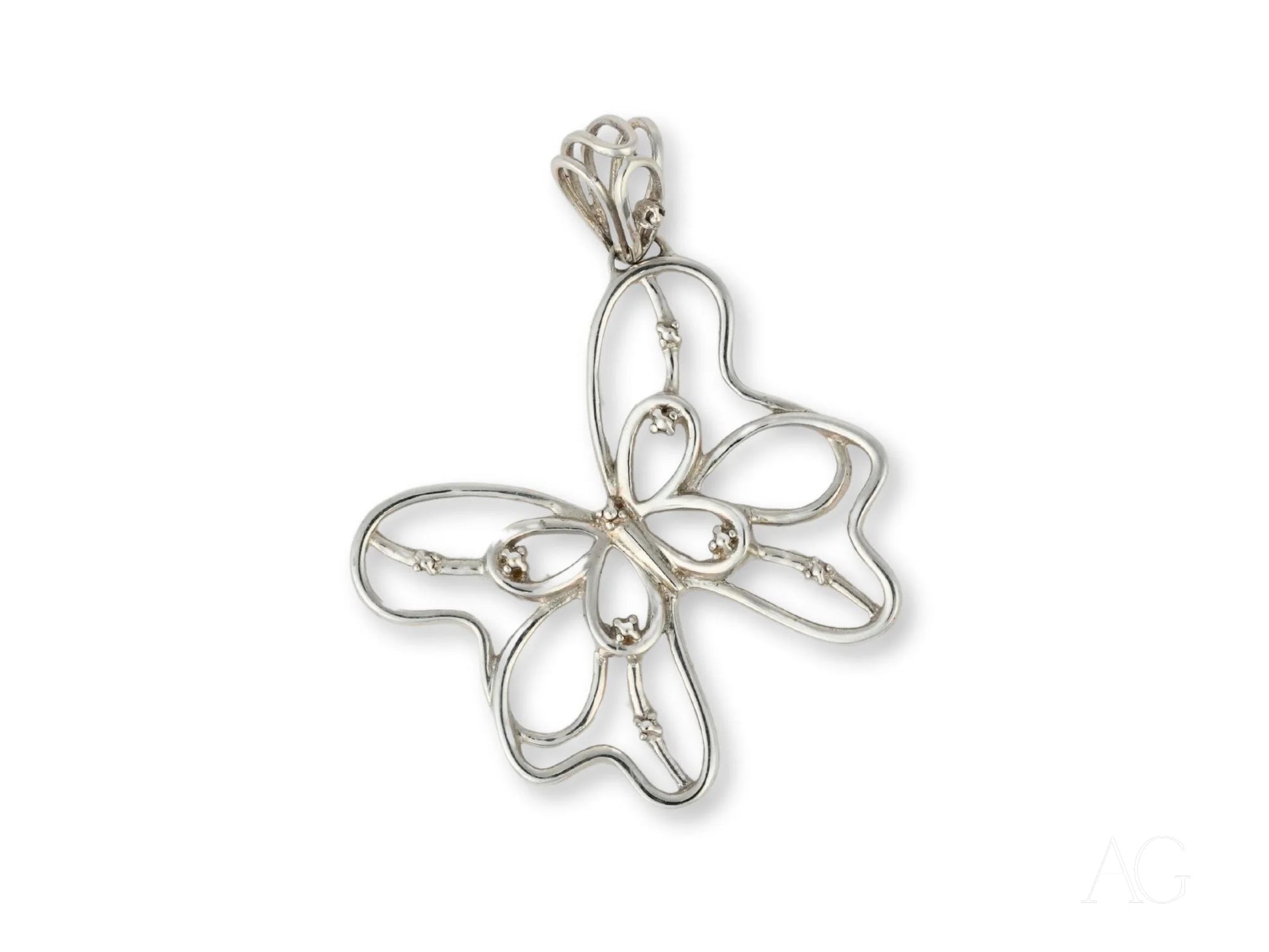 Silver butterfly-shaped pendant in 18k white gold with a delicate open design