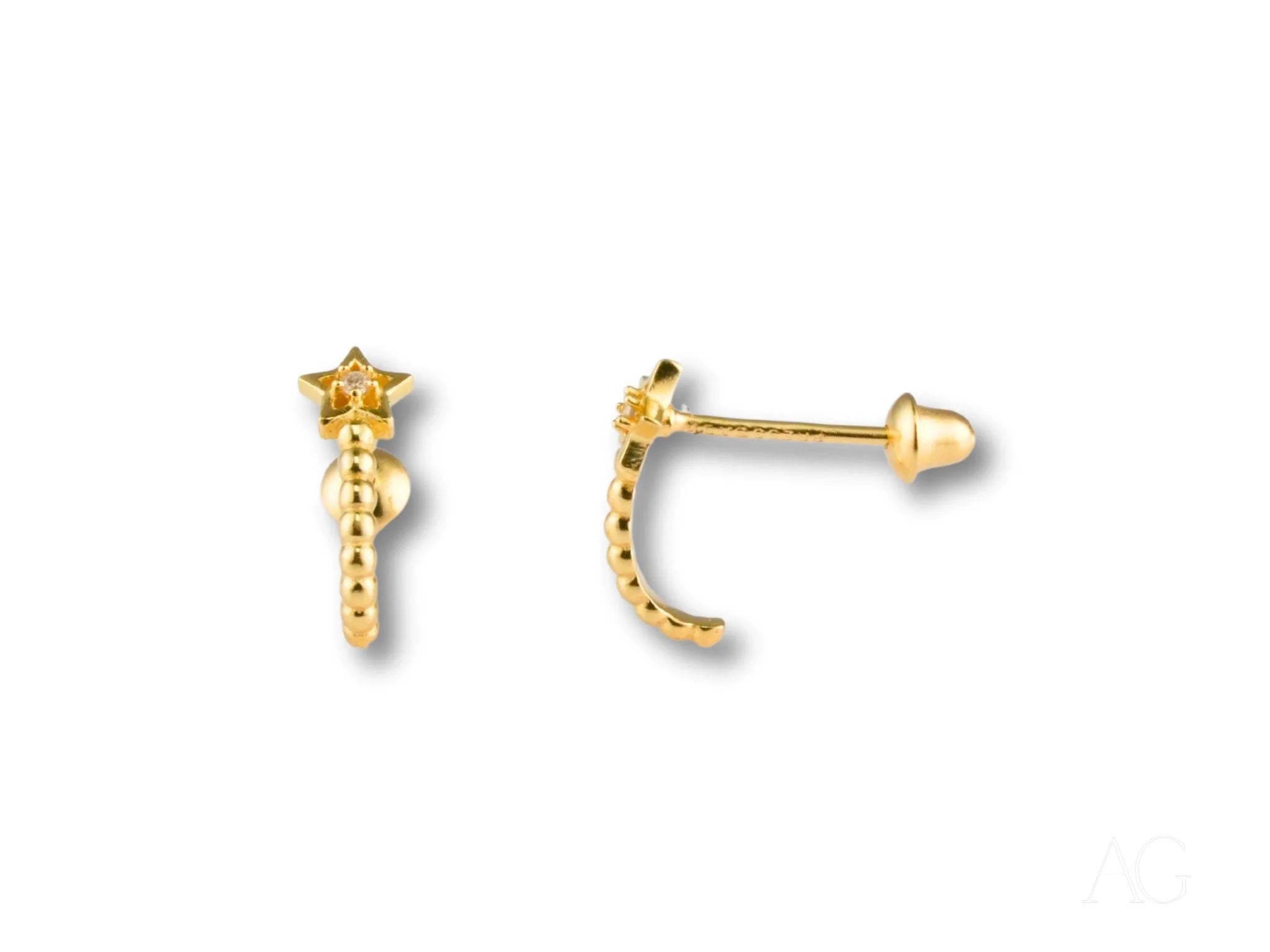 Celestial Glow 18k Gold Star Earrings with beaded crescent design for a radiant style