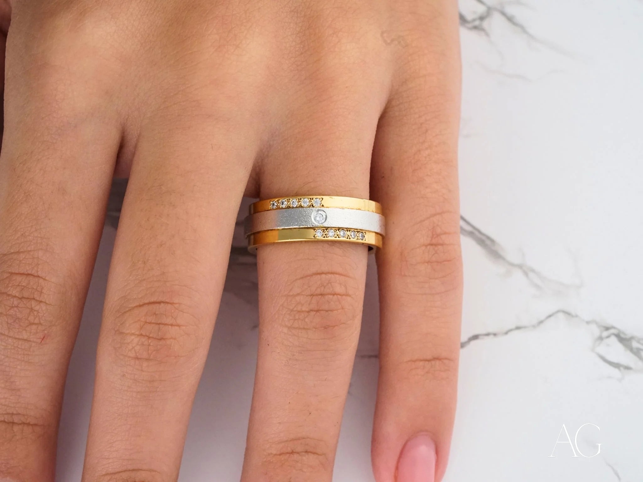 Celestial Grace Two-Tone Gold Wedding Band featuring 14k gold and inset diamonds