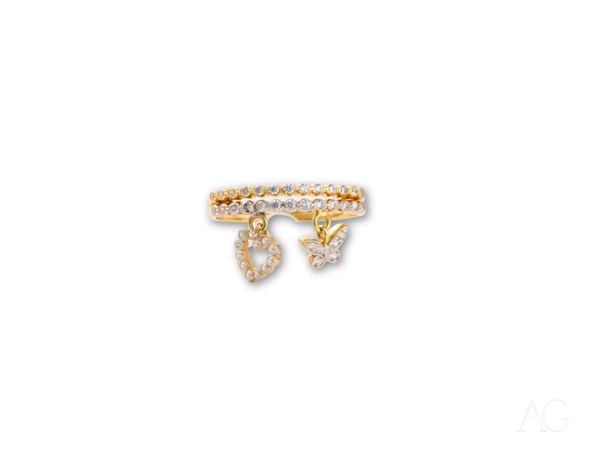 Gold ring with heart and butterfly charms in 18k yellow gold with diamond accents