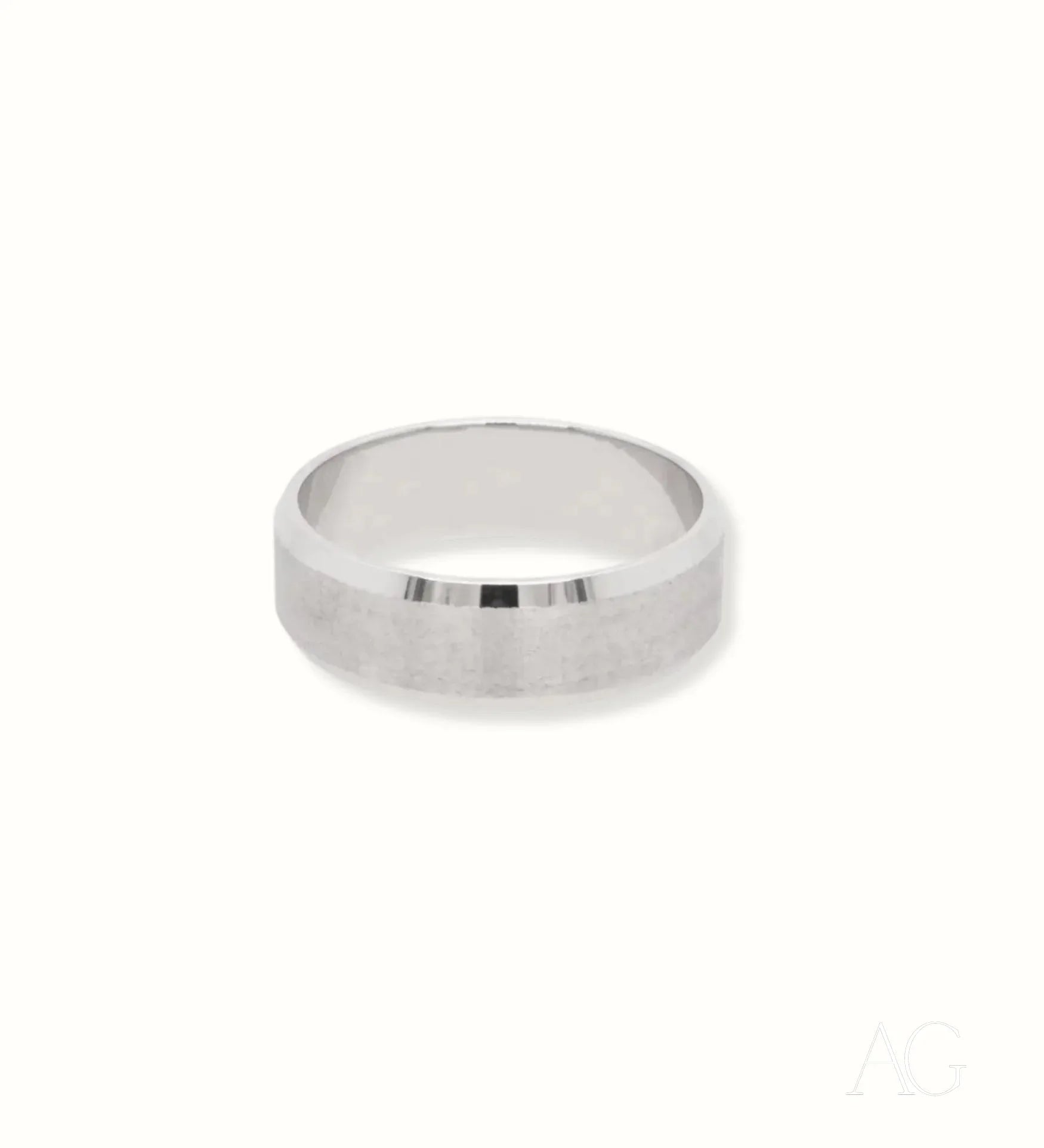 Brushed matte finish white gold wedding band with polished edges in 18k white gold