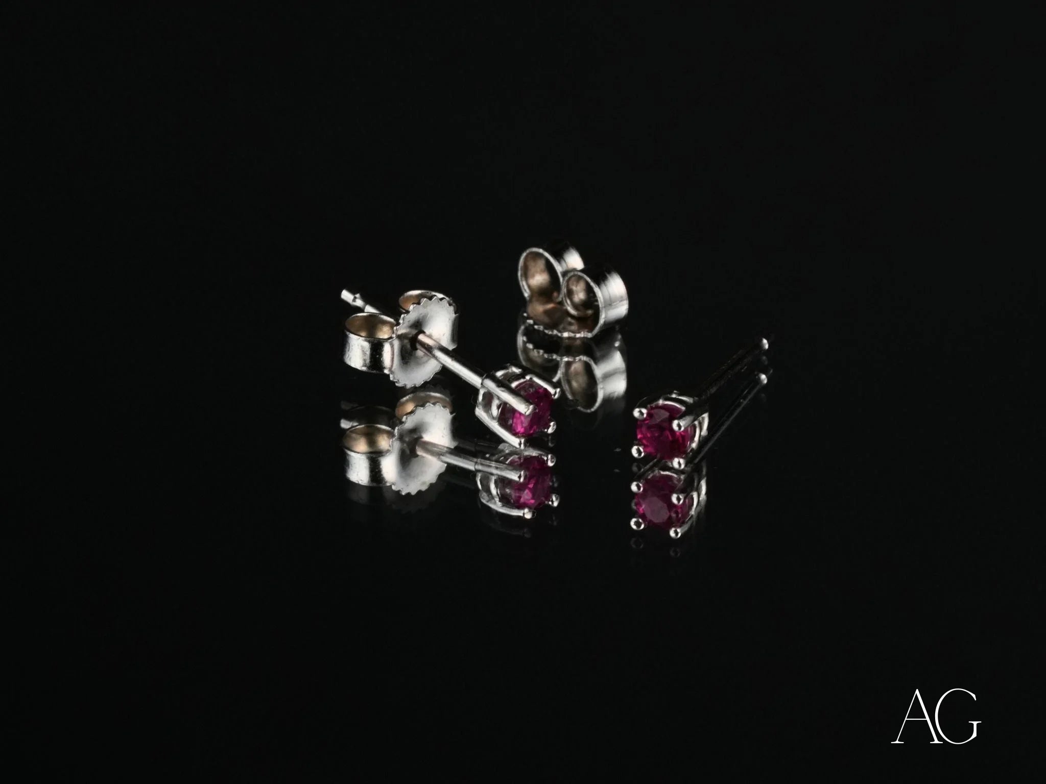Crimson Radiance 18k Solid White Gold CZ Stud Earrings with Ruby gemstones in art gold jewelry