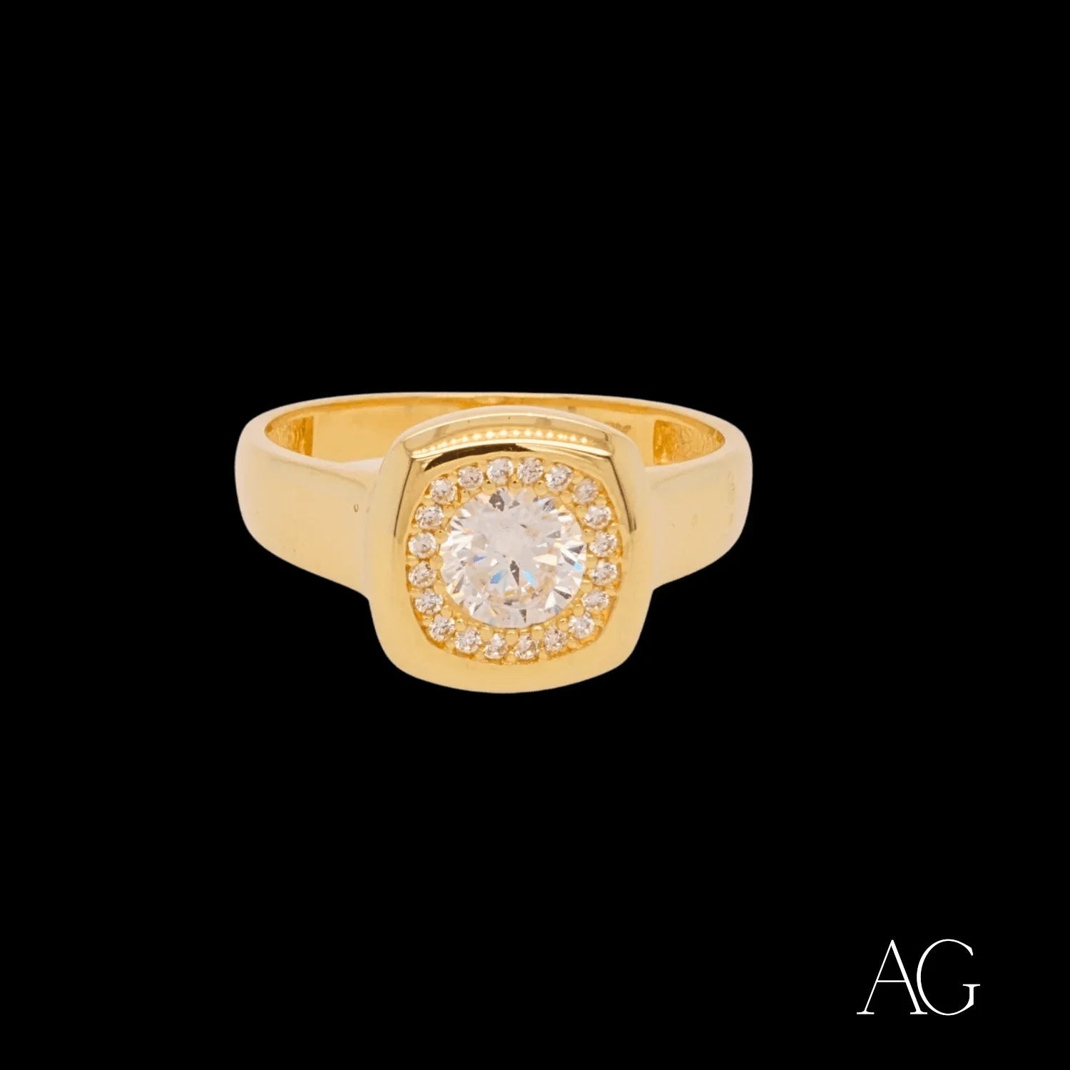 Gold ring with cushion-cut diamond and halo of white cubic in 18k gold setting