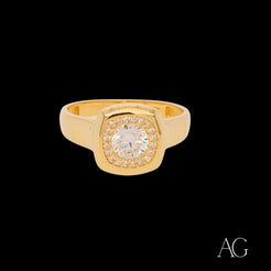 Gold ring with cushion-cut diamond and halo of white cubic in 18k gold setting