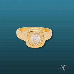 Dazzling 18k gold ring with central white cubic diamond in halo setting