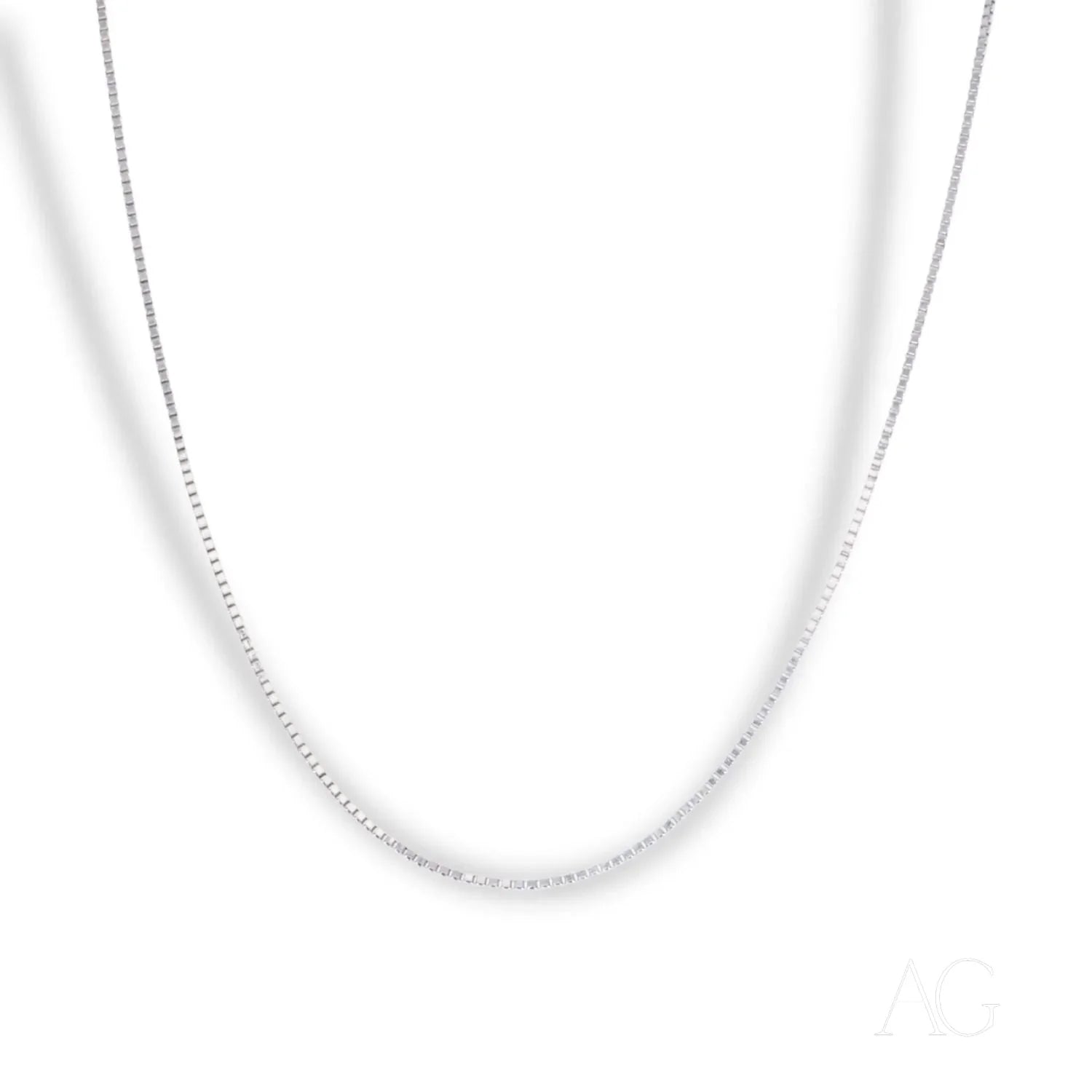 Delicate 18k white gold box chain necklace featuring a simple, elegant design