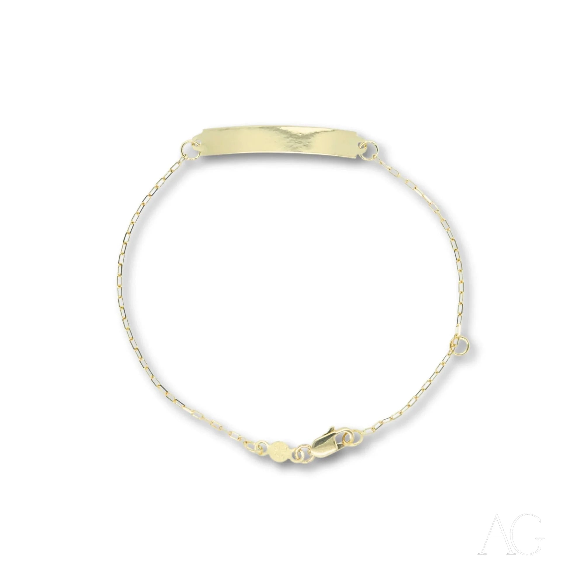 Simple white bracelet with a small rectangular tag, featuring 18k solid gold accents