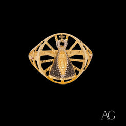 Gold Nossa Senhora ring with intricate bee design and dark blue accents