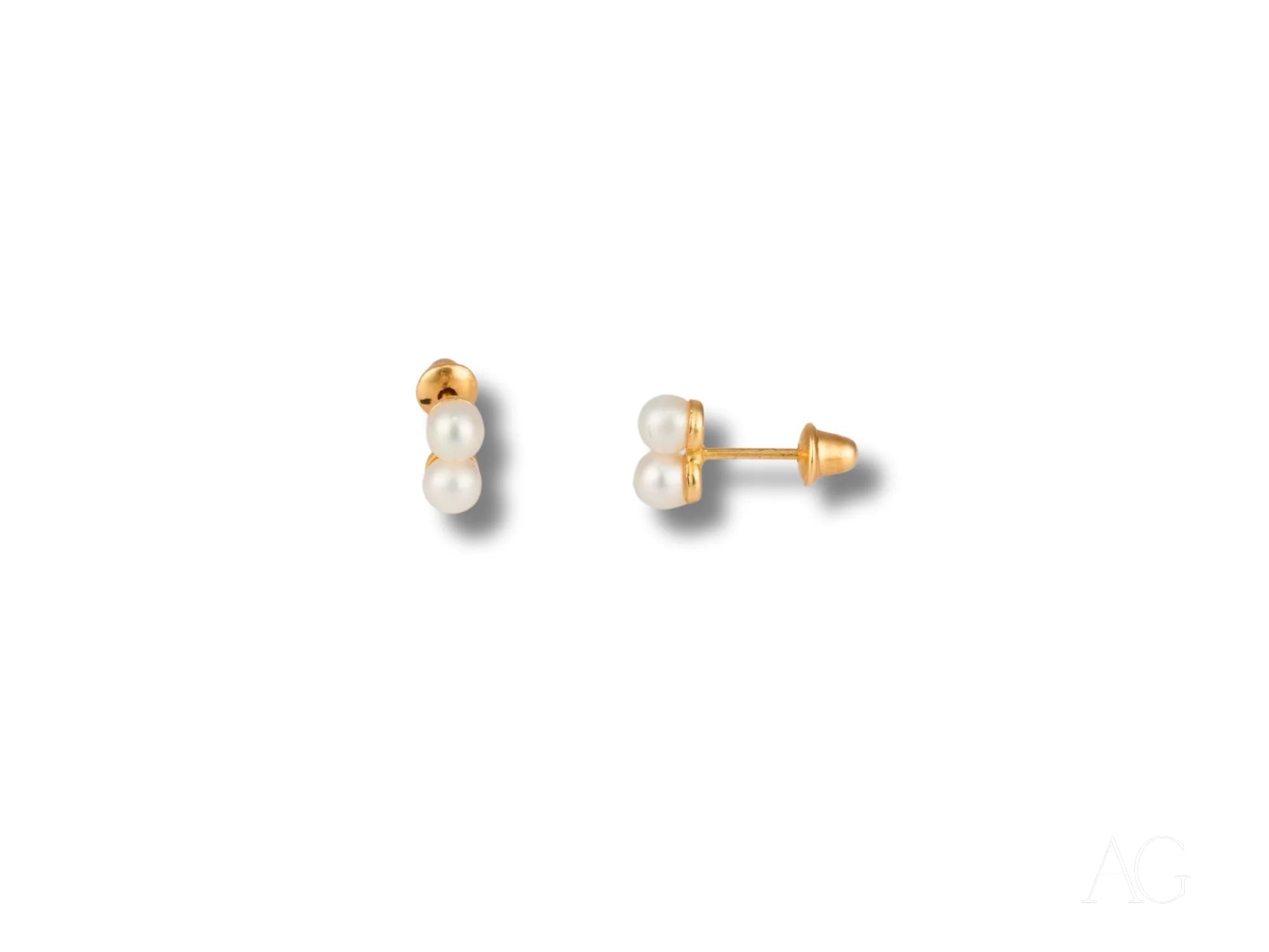 Gold and pearl stud earrings from Double Pearl Elegance collection in art gold jewelry