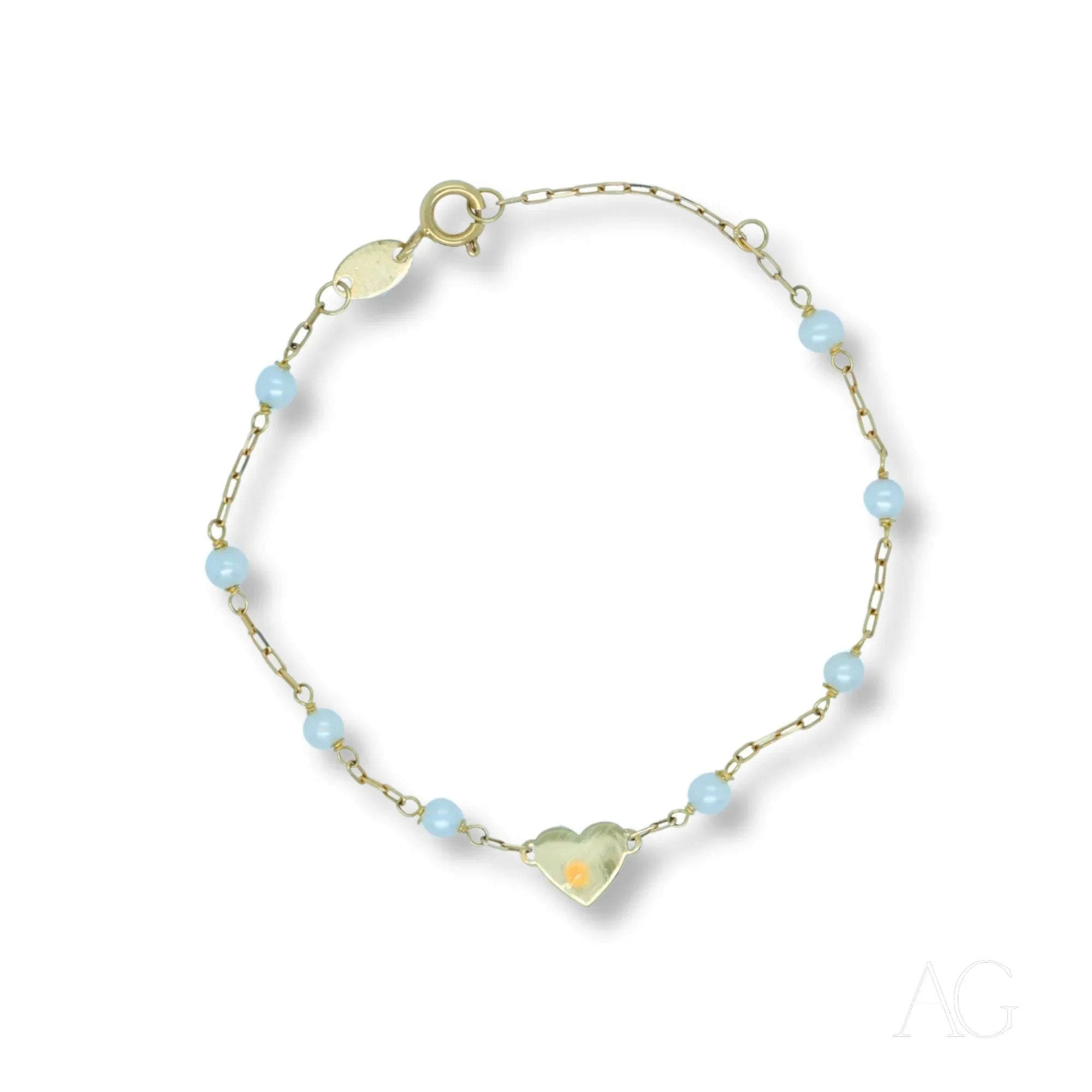 Delicate 18k gold heart bracelet with light blue beads and charm, perfect for jewelry lovers