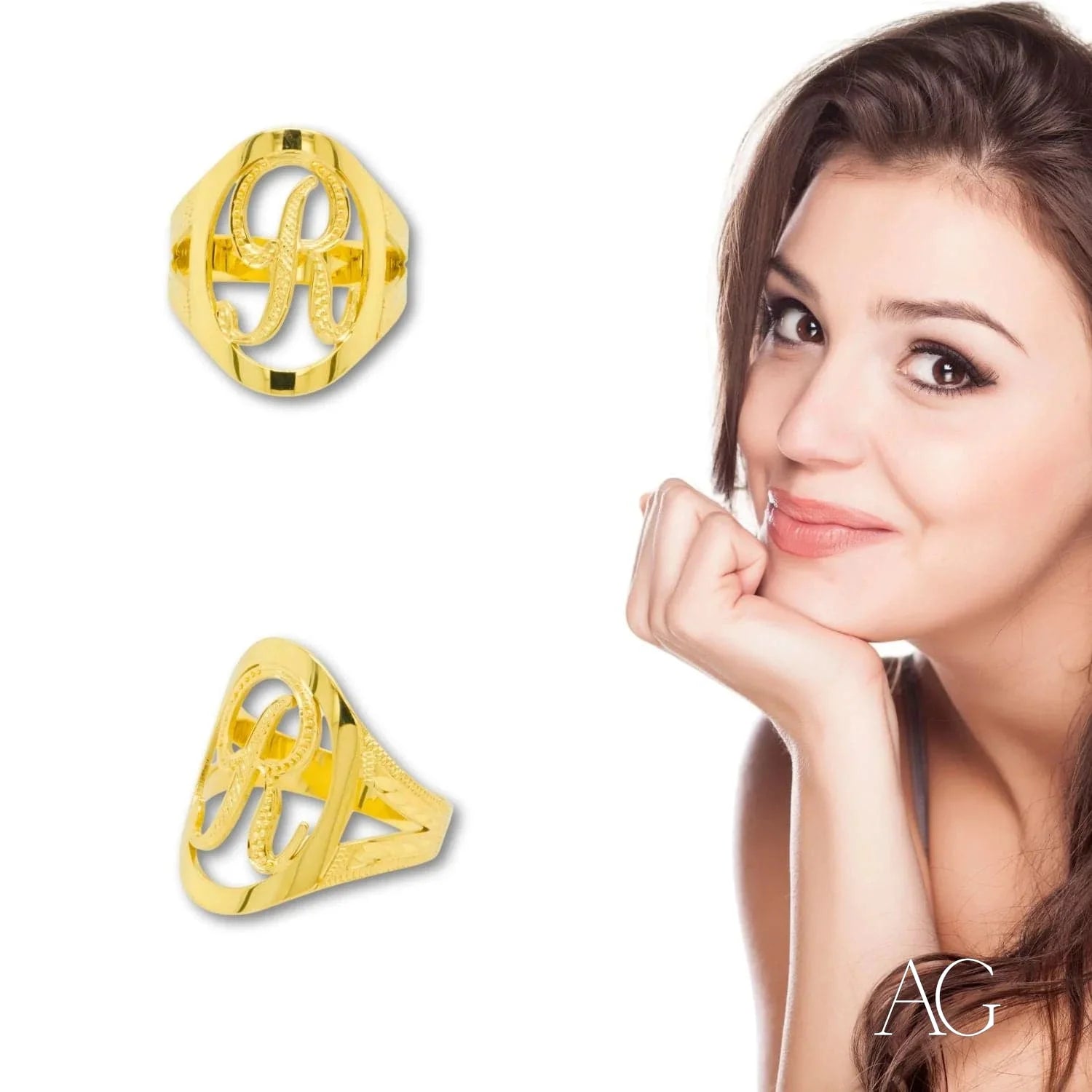 Gold-colored Elegant Personalized Initial Letter Ring with intricate circular design