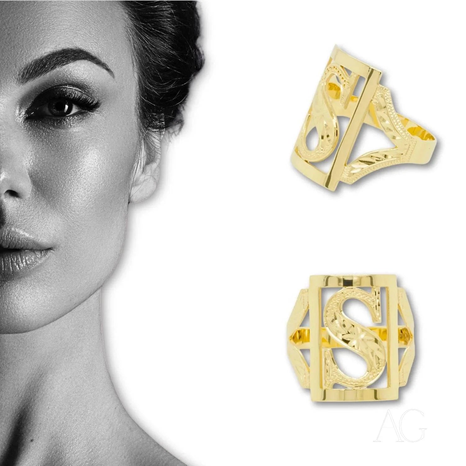 Partial view of a woman’s face with yellow geometric jewelry and an initial letter ring