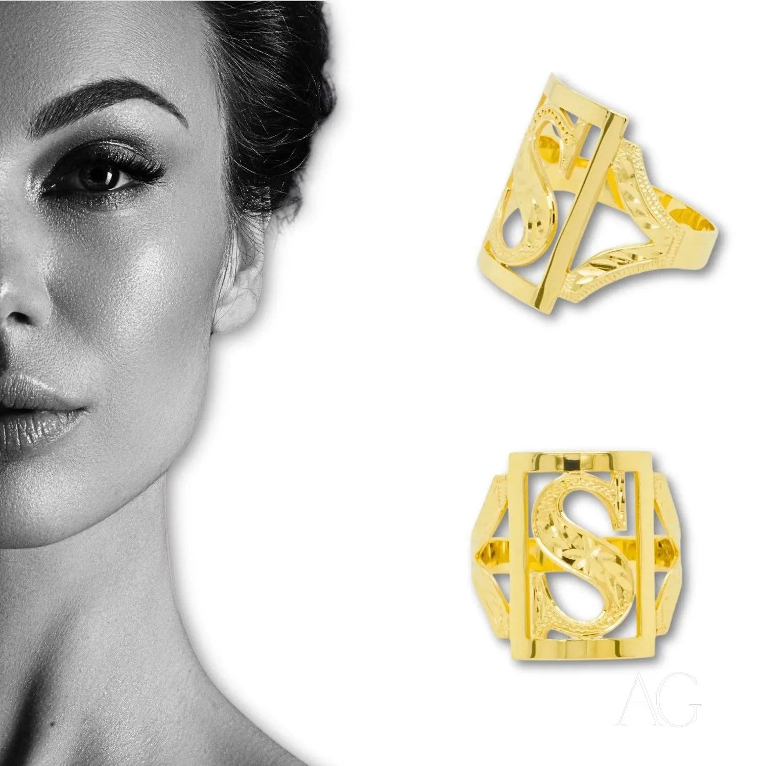 Partial view of a woman’s face with Elegant Personalized Initial Letter Ring and art gold jewelry