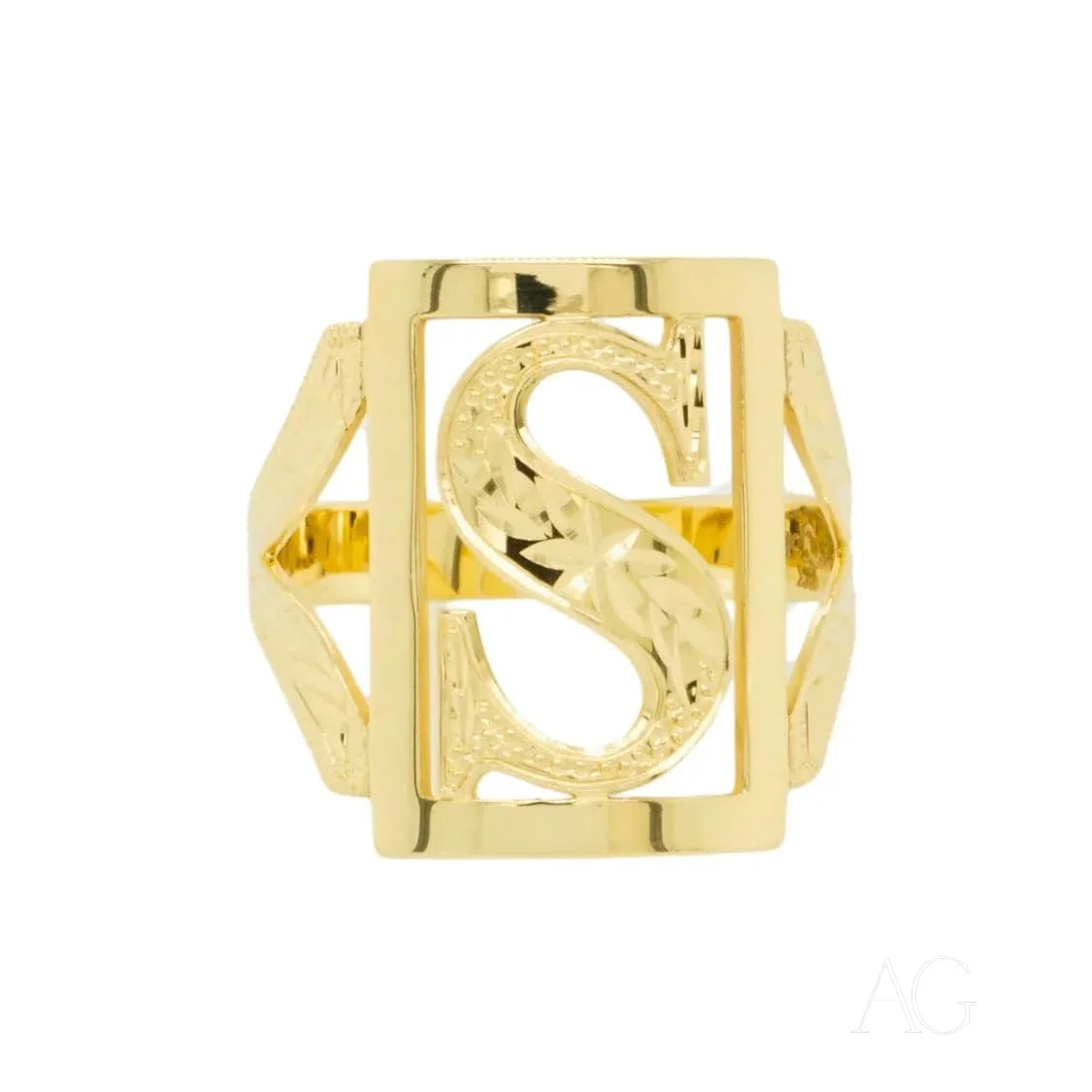 Gold-colored initial letter ring charm featuring the letter S in a geometric frame