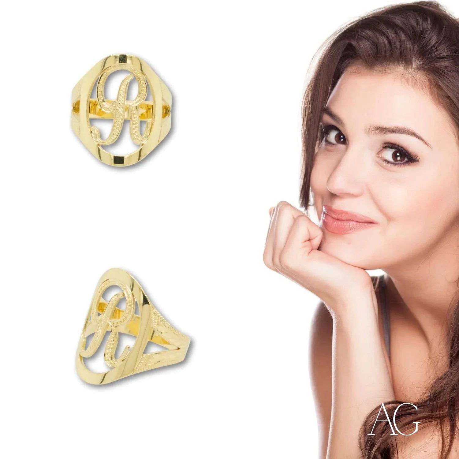 Gold-colored ornate initial letter ring with cutouts, perfect for personalized art gold style