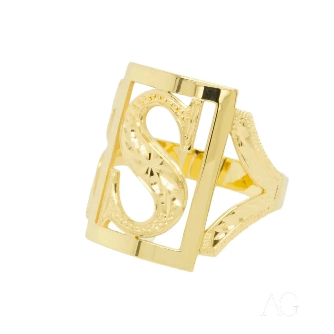 Gold-colored geometric Initial Letter Ring featuring intricate cutout designs