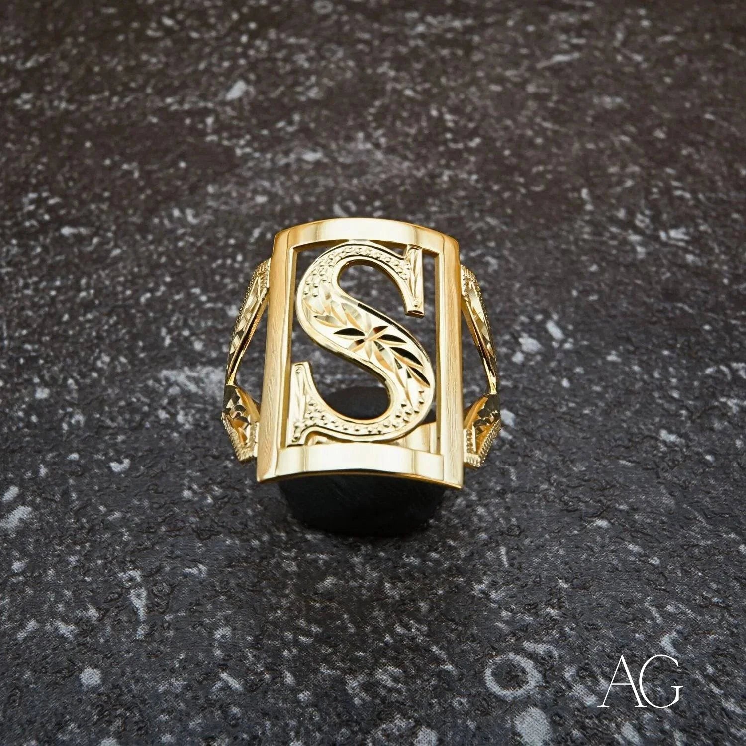 Gold-plated Initial Letter Ring featuring ornate S design in elegant art gold style