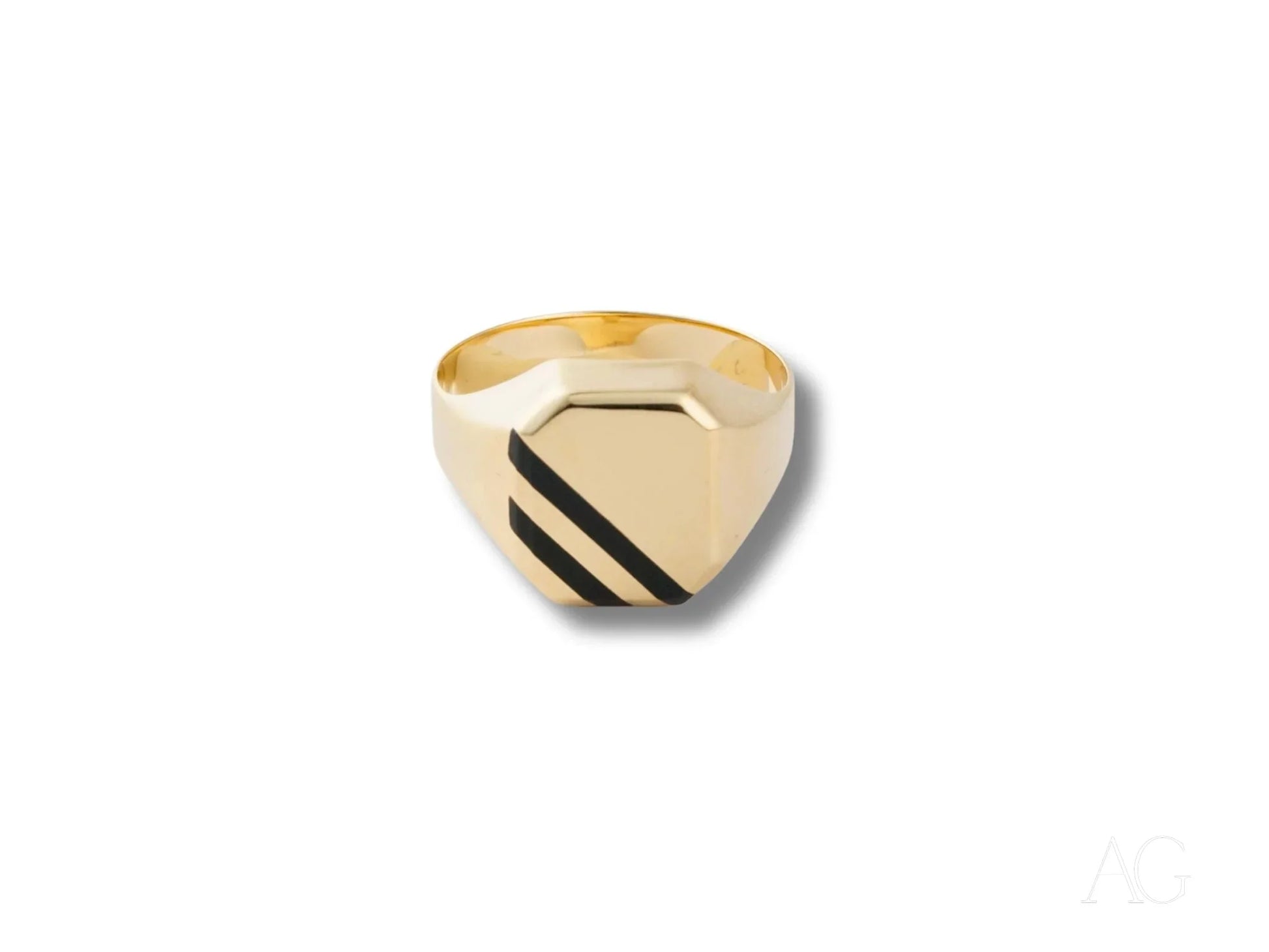 Gold signet ring with black stripes, crafted in 18k yellow gold for elegant style