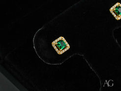 Emerald Radiance 18k Gold CZ Halo Stud Earrings with emerald aura and diamond accents