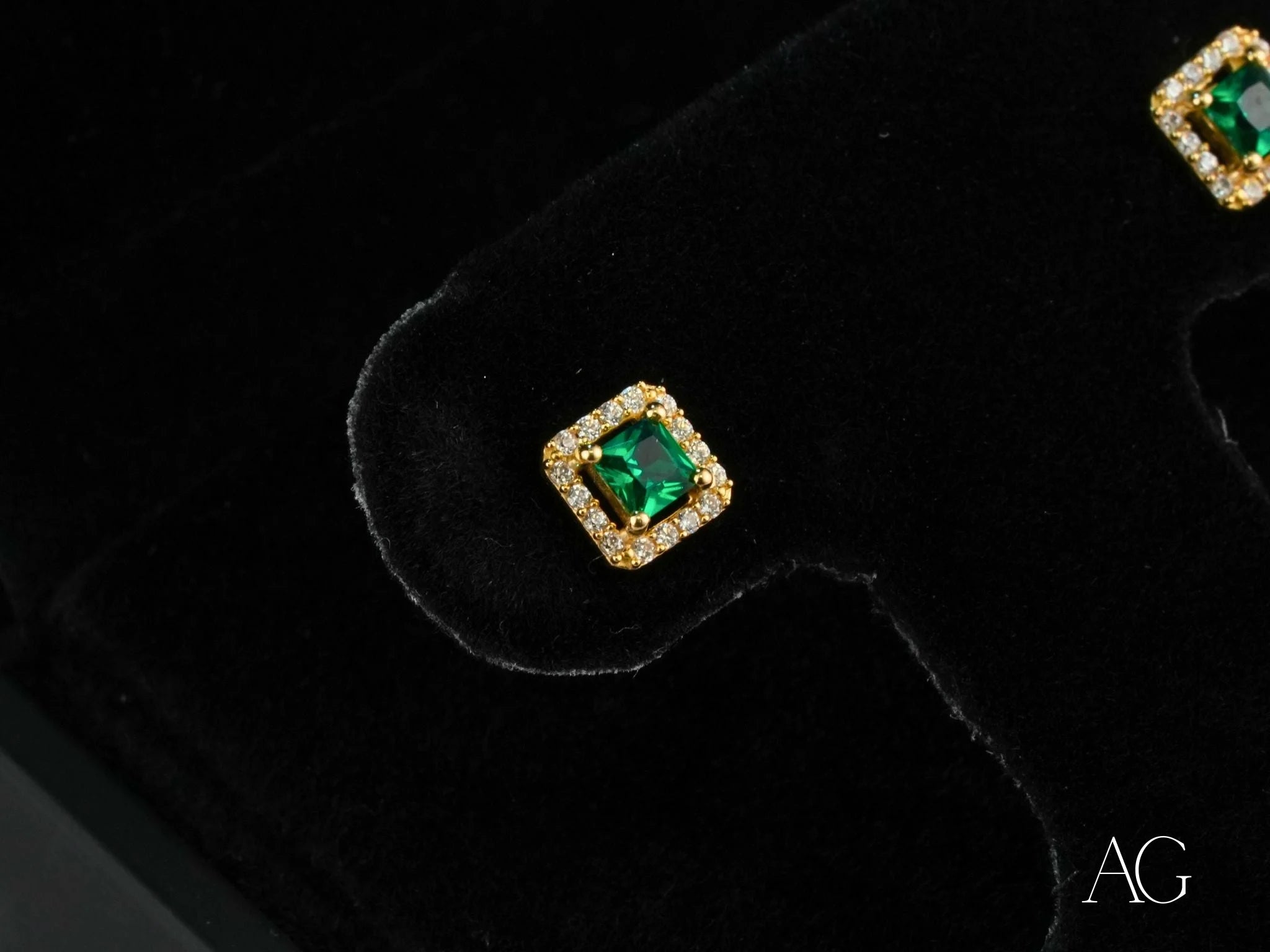 Emerald Radiance 18k Gold CZ Halo Stud Earrings with emerald aura and diamond accents