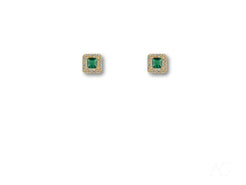 Square Emerald Stud Earrings in Emerald Radiance 18k Gold Halo with Green Cubic Zirconia