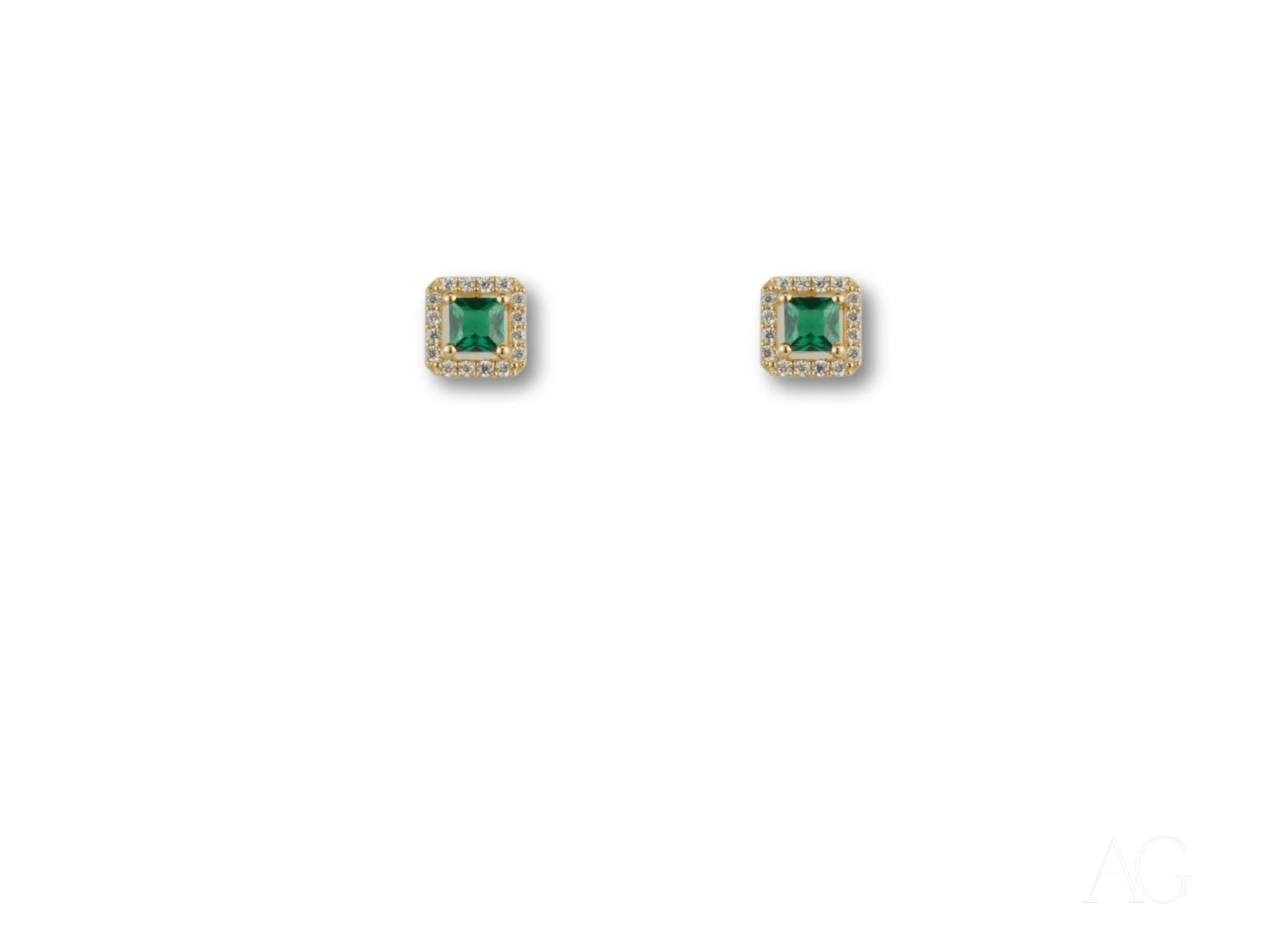 Square Emerald Stud Earrings in Emerald Radiance 18k Gold Halo with Green Cubic Zirconia