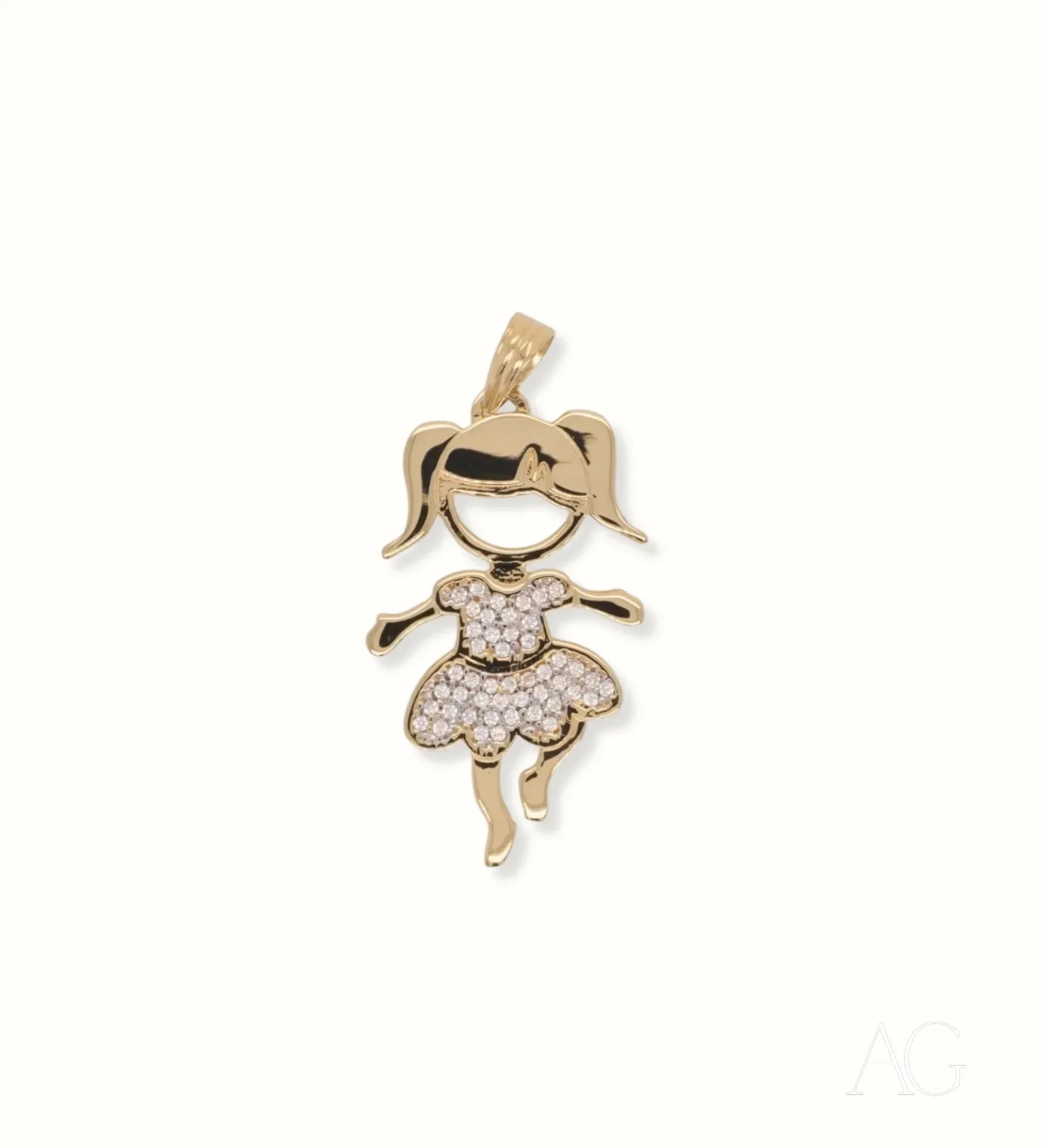 Gold pendant doll shaped like a dancing girl with diamond-encrusted skirt in 18k gold