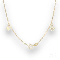 Delicate gold anklet with heart and flower charms, crafted in 18k gold