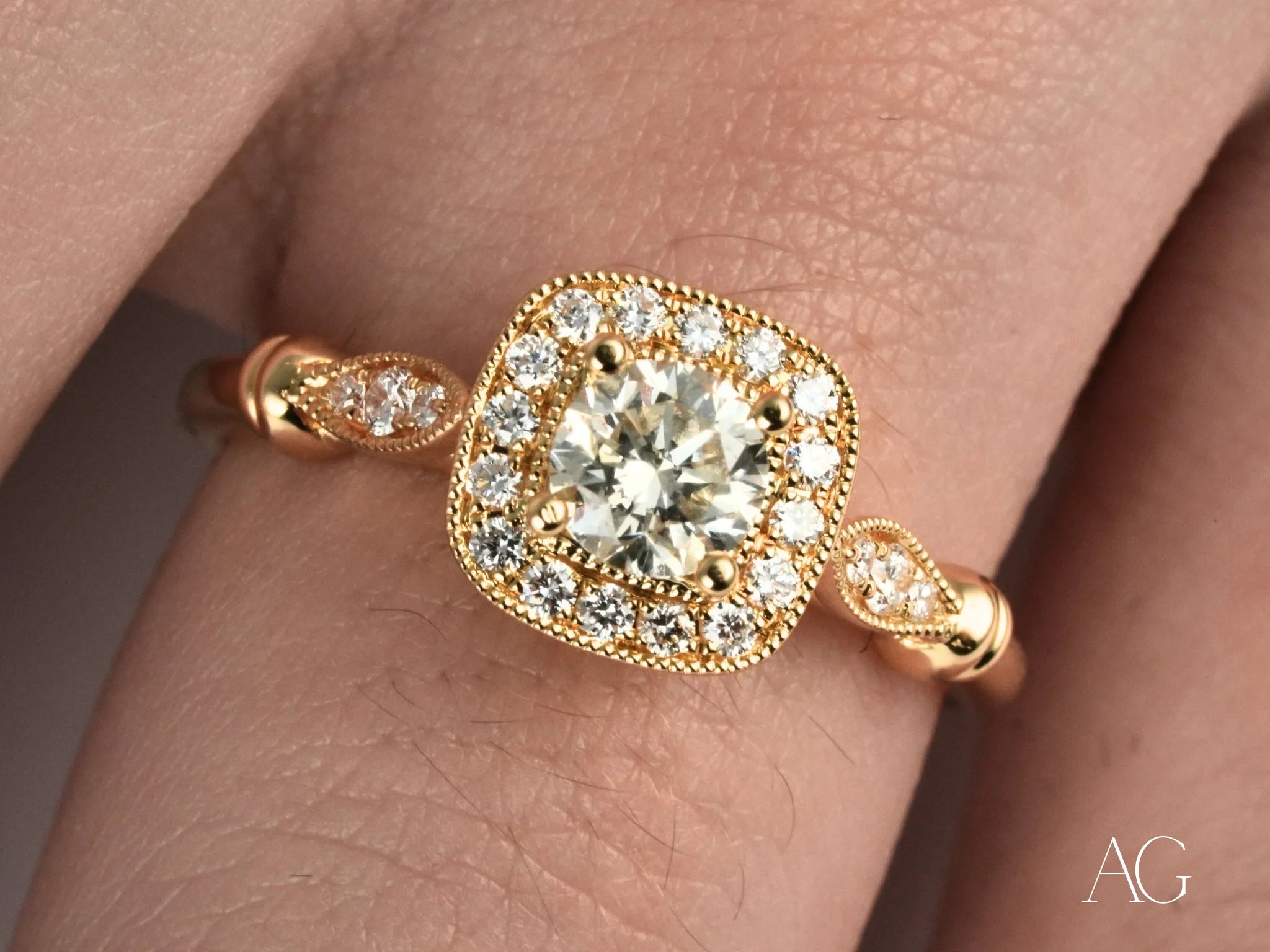 Ornate 18k yellow gold Eternal Embrace Engagement Ring with cushion-cut center diamond