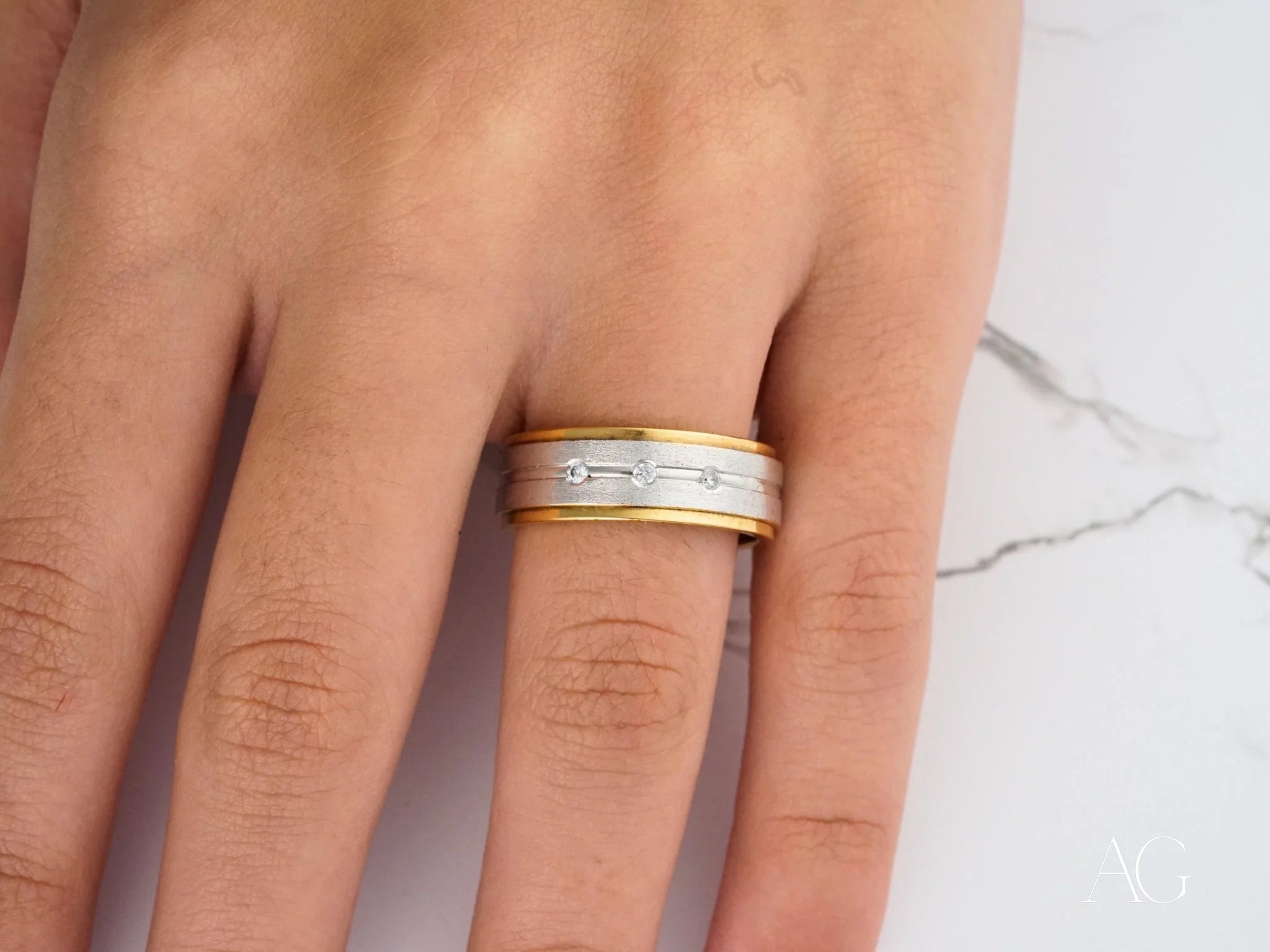 Two-tone Eternal Duo Wedding Band with Diamonds in White Gold on a finger