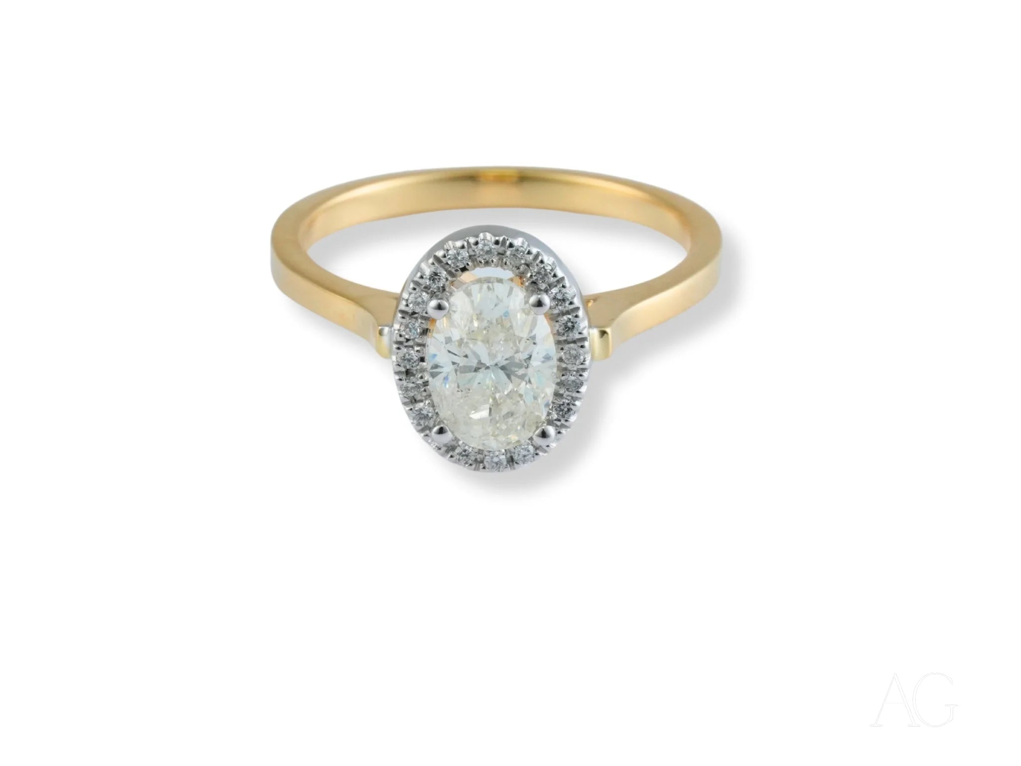 Eternal Halo Engagement Ring in 18k gold featuring oval-cut pale gemstone and diamonds